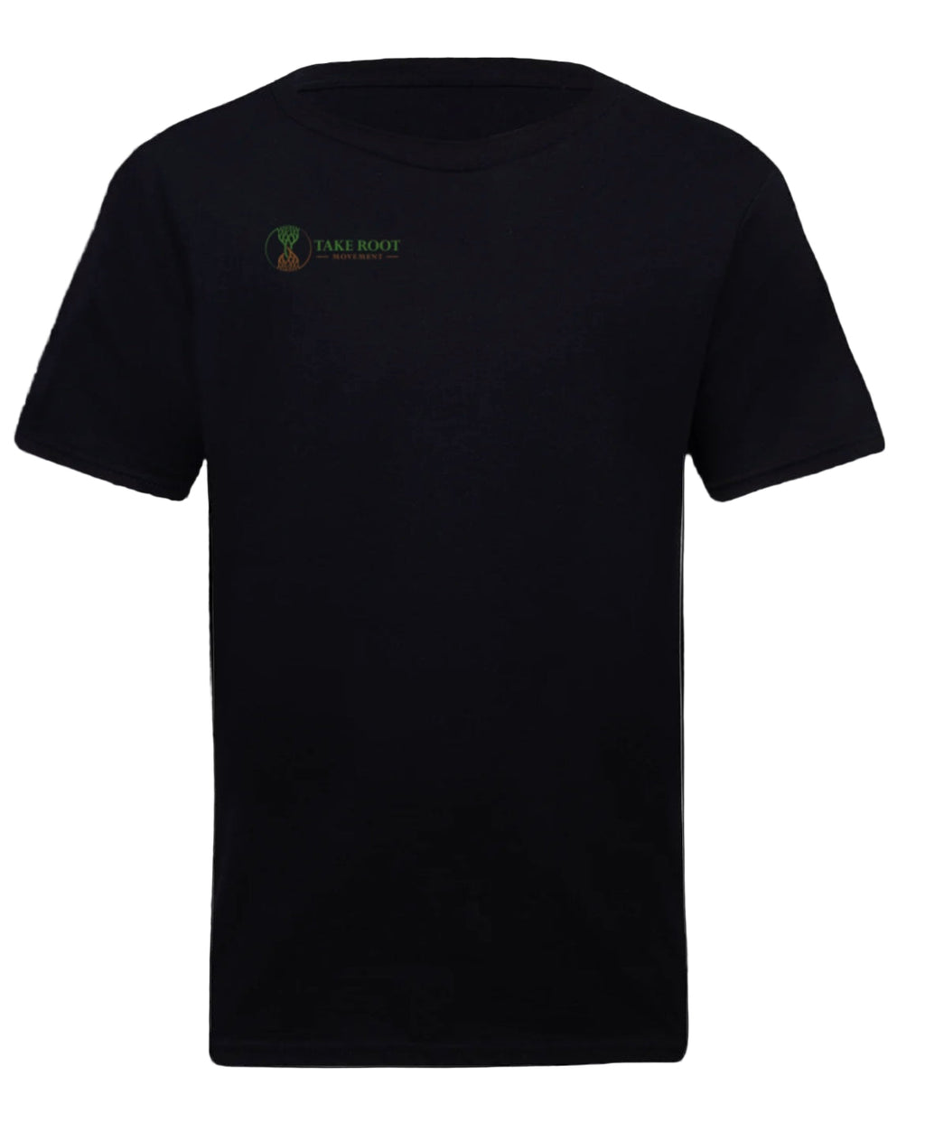 Black t-shirt with a logo on the left chest against a white background