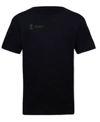 Black t-shirt with a logo on the left chest against a white background