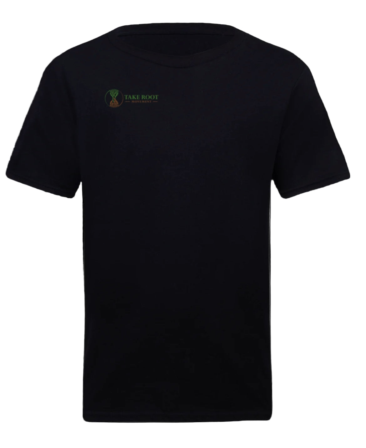 Black t-shirt with a logo on the left chest against a white background
