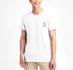 Person wearing white Christian T-shirt with ‘Take Root Movement’ text and green-to-brown rooted tree logo on the front.