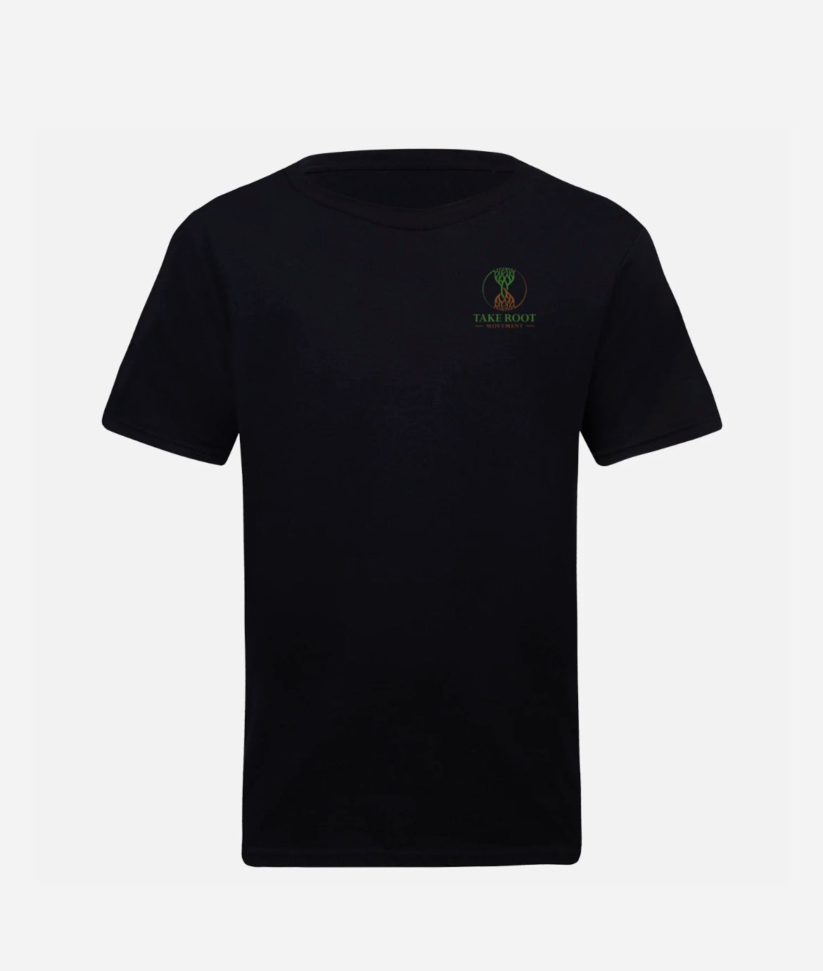 Black Christian T-shirt with ‘Take Root Movement' text and green-to-brown rooted tree logo on the front.