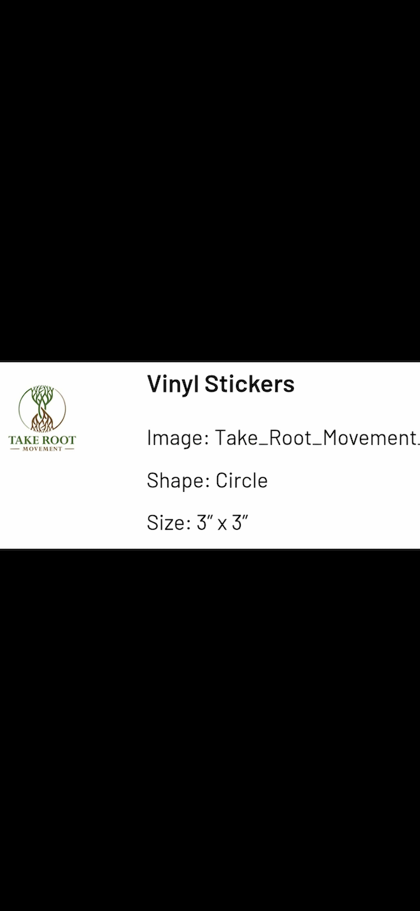 Product listing for Take Root Movement vinyl sticker showing the circular tree-and-roots logo alongside details for a 3x3 inch circle sticker.