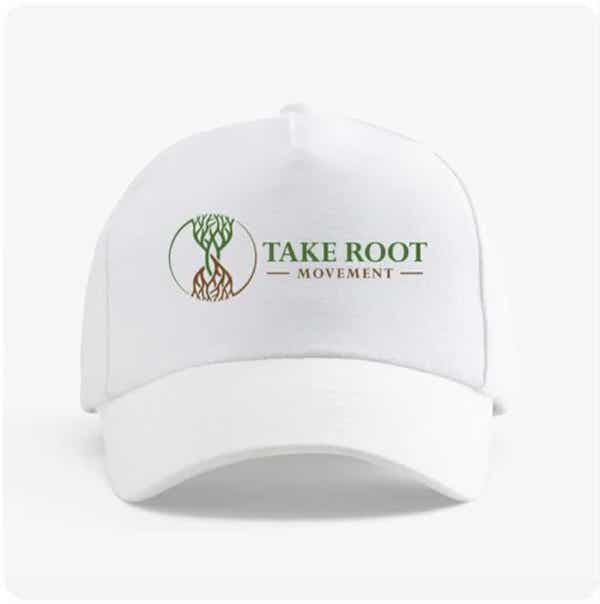 White curved brim baseball cap displaying the Take Root Movement logo with intertwined tree and roots symbol embroidered across the front.