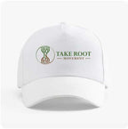 White curved brim baseball cap displaying the Take Root Movement logo with intertwined tree and roots symbol embroidered across the front.