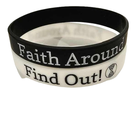 Black and white Take Root Movement silicone bracelets with the ‘Faith Around Find Out’ faith based message and circular tree and roots logo displayed on a clean surface.