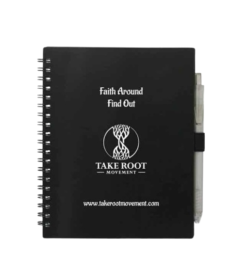 Black spiral-bound Christian notebook featuring the ‘Faith Around Find Out’ text and the Take Root Movement tree and roots logo with website printed on the front cover.