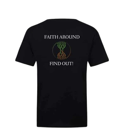 Black District Soft-Touch unisex Christian T-shirt featuring ‘Faith Around Find Out’ text with green and brown intertwined tree and roots logo printed on the back.